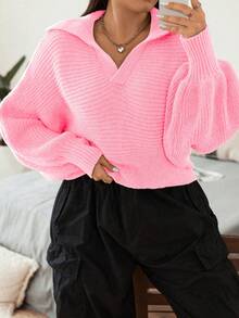 Flirla Kích thước lớn Màu thuần tay cánh Áo len - Màu Hồng baby - Xem 7