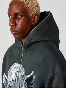 Zip Through Hoodie With Front Graphic - Dark Grey - View 6