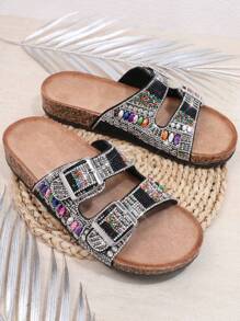 SHUZIA Women's Boho Beaded Double Buckle Open Toe Cork Footbed Multi Black Slide Sandals-Colorful Vintage Style Summer Shoes Spring Shoes Spring Break Easter Vacation Shoes Casual Shoes Beach Shoes Mother's Day Present