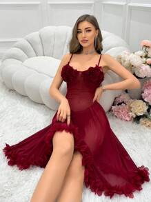 Camisón sexy de noche de malla transparente con adorno de pétalos - Burdeos - Ver 4