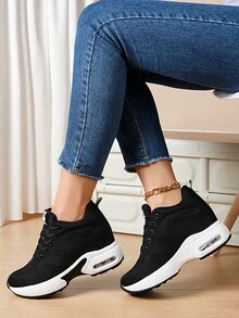 Women's Fashionable Personalized Daily Casual Sport Shoes With Breathable, Slip-Resistant, Height Increasing, Wear-Resistant Features And Wedge Heels - Black - View 2