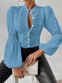 SHEIN Privé 鑲嵌蕾絲的燈籠袖襯衫 - 藍色 - 查看 3