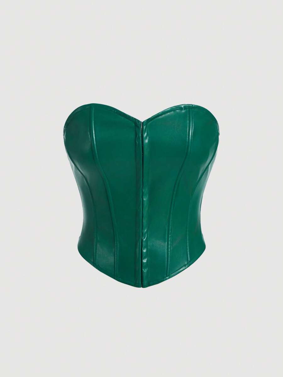 SHEIN MOD Pu Leather Bustier Top With Eye Hook Front Closure For Women - Dark Green - View 1