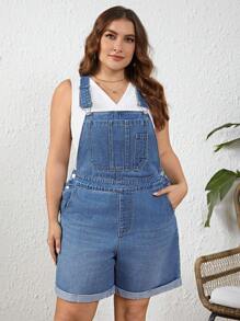 SHEIN LUNE 大码卷边牛仔背带裤 - 中等水洗藍 - 查看 1