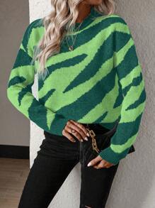 SHEIN Essnce Round Neck Long Sleeve Sweater - Dark Green - View 6