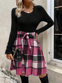 SHEIN LUNE Round Neck Long Sleeve Patchwork Plaid Dress - Pink - View 1