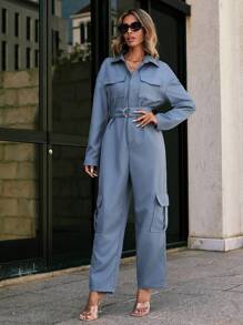 SHEIN Essnce 女士長袖腰帶襯衫連體褲 - 霧霾藍 - 查看 4