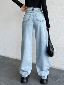 SHEIN Cottnline Jeans De Pierna Recta Para Mujeres Con Efecto Lavado - Lavado ligero - Ver 2