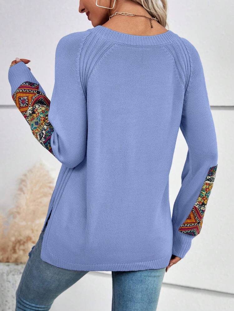 Printed Patchwork Sweater Pullover Knit Pullover Fall Winter Sweater