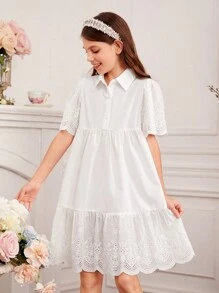 Tween Girls' Lace-Up Collar Half Placket Embroidered Lace & Woven Patchwork Hollow Out Dress - White - View 1
