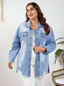 Grote maten Gewassen & Snijden & Gerafeld & Kant Spleet Spijkerjas - Gebleekt - Bekijken 4