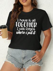 SHEIN EZwear 大尺寸女士口號印花圓領t恤 - 黑色 - 查看 1