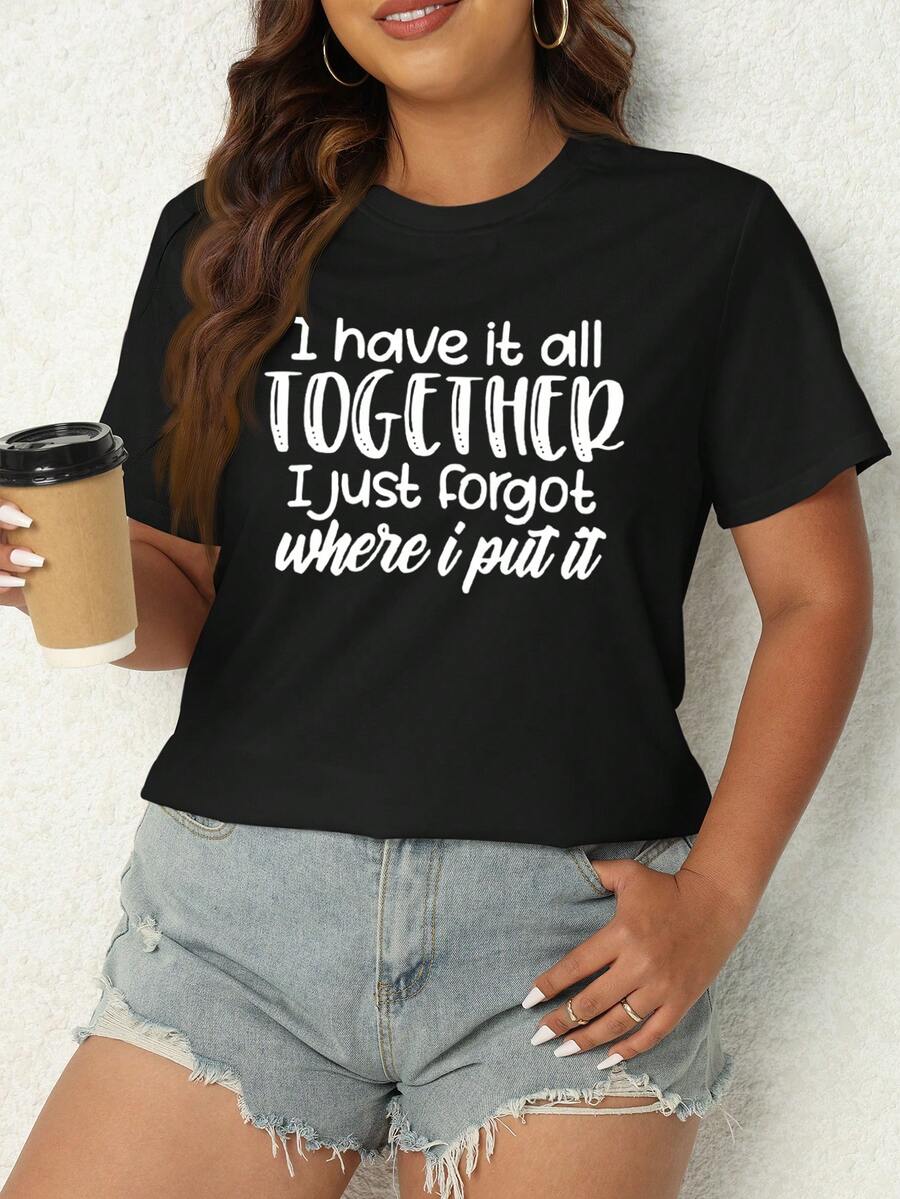 SHEIN EZwear 大尺寸女士口號印花圓領t恤 - 黑色 - 查看 1