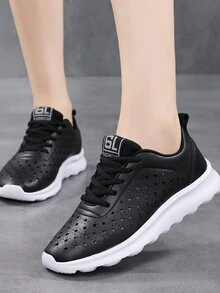 Spring & Autumn Fashionable Breathable Leather Surface Women's Running Shoes - Black - View 1