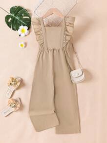 SHEIN Salopette À Demi-fermeture Boutonnée , Avec Garniture À Volants Pour Les Jeunes Filles