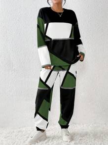 SHEIN Unity Women's Contrast Color Round Neck Long Sleeve Top And Pants Two Piece Set - Green - View 6