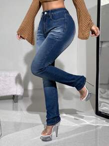 SHEIN ICON Y2k Blue Elastic Low-Rise Slim Fit Straight Leg Jeans With Letter Embroidery For Casual Wear - Blue - View 7