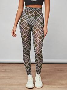 Forever 21 女式復古校園風格格紋鑽石印花彈性修身緊身褲 - 綠色 - 查看 5