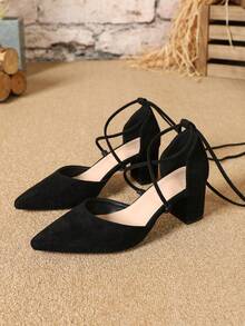 女款四季純色天鵝絨時尚粗跟繫帶涼鞋 - 黑色 - 查看 6