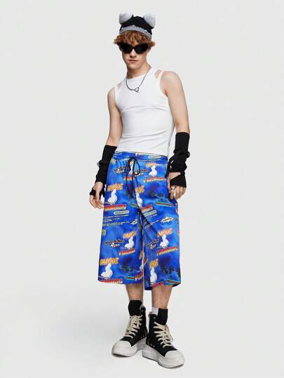 ROMWE Avant بنطلون رجالي مطبوع بشعار على الساق للإرتداء في العطلة أو الإرتداء اليومي، الربيع/الصيف