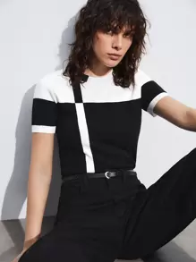 SHEIN BIZwear 女士秋季撞色短袖针织上衣，浪漫优雅日常时尚百搭商务休闲通勤时尚复古风办公室着装，适合女士、教师，针织毛衣 - 黑與白 - 查看 8