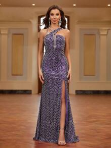 SHEIN Belle Elegant Purple Cross Neckline Hand-Stitched Decorative V-Neck Is Most Suitable For Length High Split Fishtail Heavy Industry Spring Dress