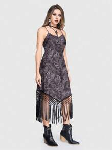 ROMWE Goth 全印花帕斯雷圖案流蘇邊細肩帶連衣裙 - 黑色 - 查看 5