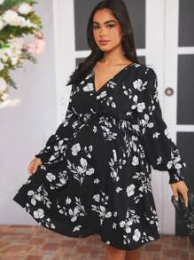 SHEIN 孕妇花卉裹身V领灯笼袖连衣裙 - 黑色 - 查看 3