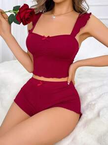 SHEIN 女士蝴蝶蕾丝设计吊带睡衣套装睡衣套装红色两件套红色两件套 - 酒紅色 - 查看 4