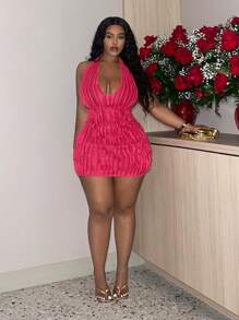 Slaydiva Plus Size Women's Halter Neck Dress - Hot Pink - View 3