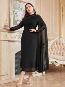 Modelyn 加大碼拼接披風袖裙 - 黑色 - 查看 4
