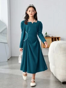 SHEIN Vestido Elegante Midi Ajustado De Manga Larga Con Decoración De Perlas Para Chicas Adolescentes - Agua verde azul - Ver 4
