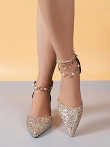 女性珍珠高跟鞋,法式風格,夏季,性感,優雅,精緻,畢業,黑色 - 金色 - 查看 4