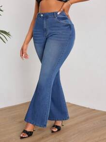 SHEIN SXY Plus Size Elastic Slim Fit Elegant Flared Jeans - Blue - View 4