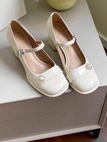 女士法式復古厚跟珍鞋,優雅珍珠裝飾,柔軟溫和的伴娘鞋 - 杏色 - 查看 3