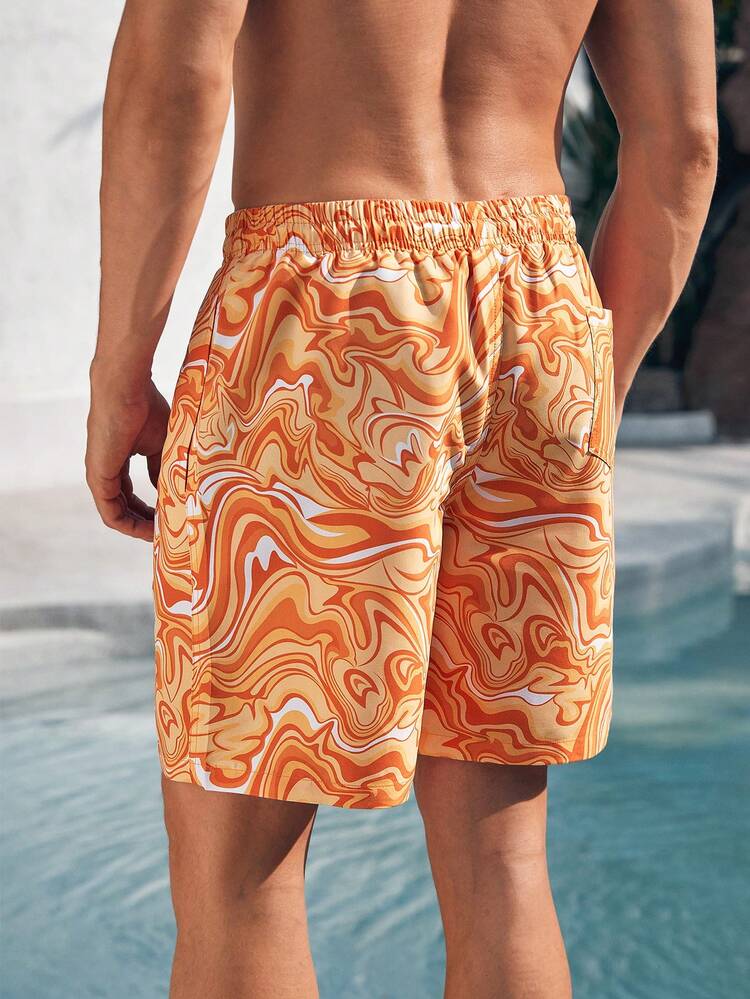 Men's Marble Print Drawstring Waist Beach Shorts