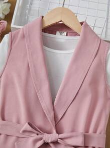 Conjunto De 3 Peças De Colete De Terno Para Meninas Com Cinto Removível, Camiseta De Malha De Manga Curta E Shorts - Rosa chiclete - Visão 3