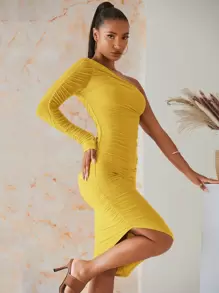 SHEIN BAE 女士单肩长袖褶皱紧身连衣裙 - 黃色 - 查看 3
