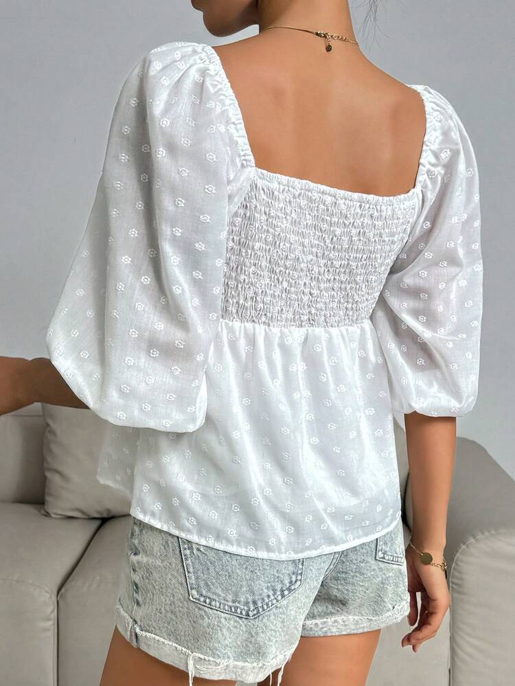 Solid Color Puff Sleeve Shirt With Sweetheart Collar