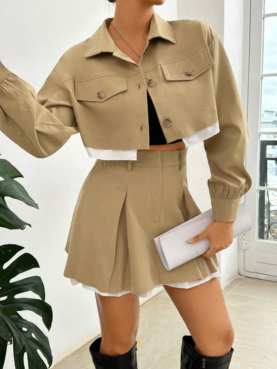 SHEIN Essnce 女士襯衫加迷你裙工裝兩件套 - 卡其色 - 查看 1