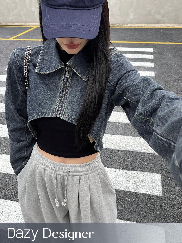 Women's Zipper Front Cropped Denim Jacket