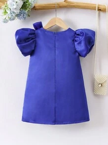 SHEIN Young Girl's Round Neck Dress With Bow Decorations - Blue - View 2