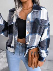 Women Fall Winter Wool Blend Checkered Lapel Jacket Coat Long Sleeve Button Front Mock Pockets Vacation Essential - Navy Blue - View 5