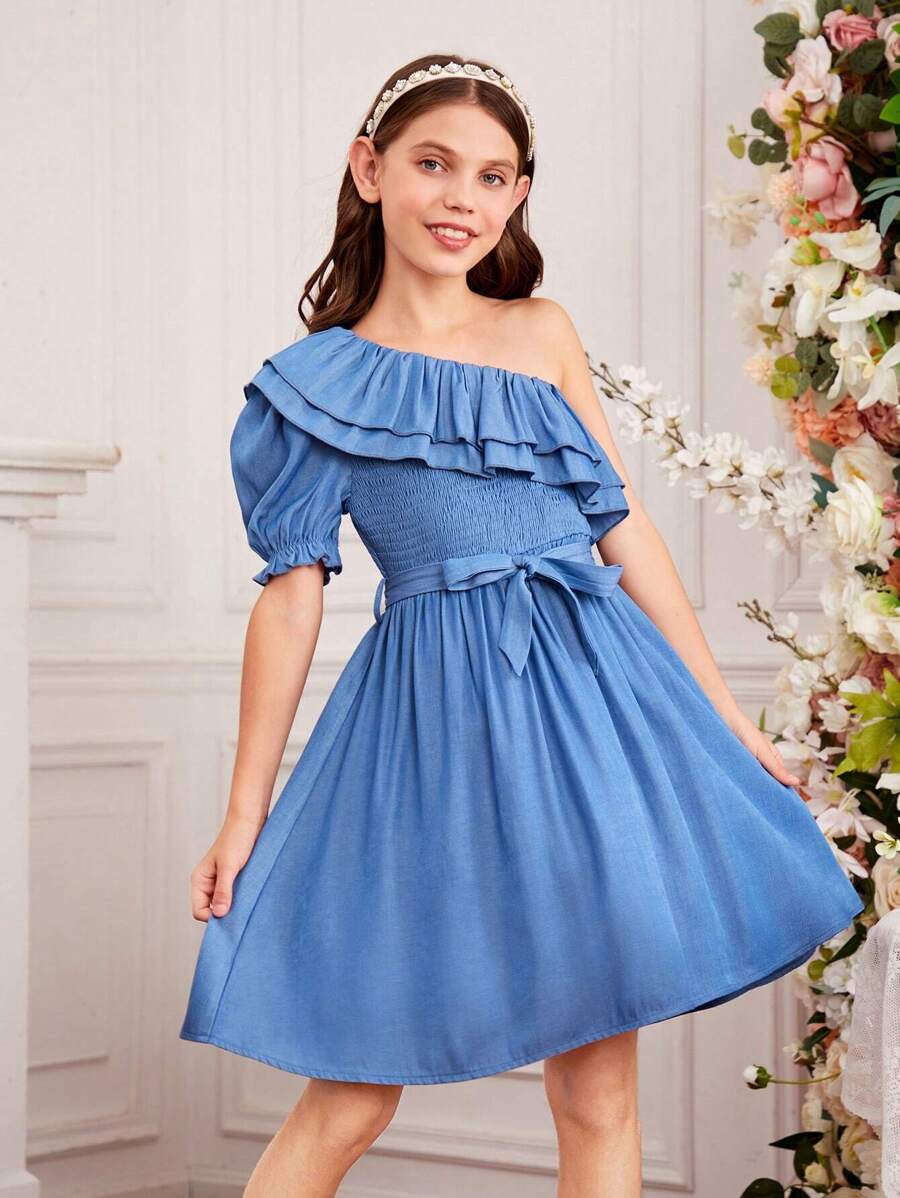 Tween Girls' Off-Shoulder Double Layer Ruffle Dress With Empire Waist - Light Wash - View 1
