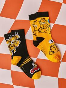 GARFIELD | SHEIN 2pcs/Set Funny Cartoon Pattern Cotton Breathable Moisture Wicking Mid-Calf Socks For Men & Women