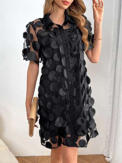 Women's Round Collar Applique Mesh A-Line Dress With Single Row Button
