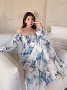 DAZY Đầm trễ vai in hoa nhún bèo cho nữ, đầm mùa thu, đầm Milkmai, đầm tay dài, trang phục đi nghỉ mát, đầm maxi lễ Phục sinh, đầm hoa cho nữ - Màu xanh lam - Xem 1