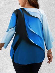 Plus Size Graphic Print Bell Sleeve T-Shirt - Blue - View 2