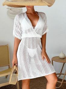 SHEIN Swim 1 件女式针织罩衫连衣裙，带围脖领口和孔眼细节，夏季 - 白色 - 查看 4