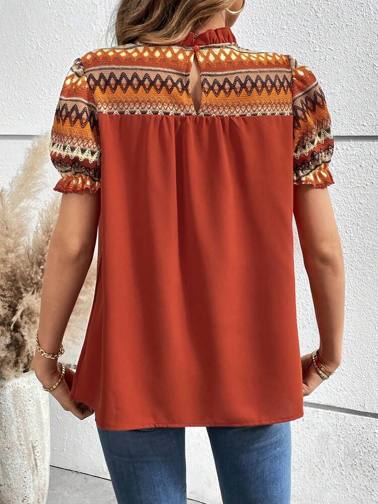 Chiquease Elegant Geometric Print Puff Sleeve Round Collar Blouse For Women - Orange - View 2